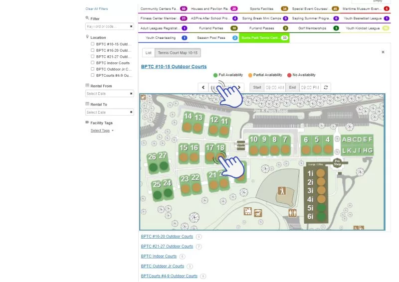screen shot of court availability to open map
