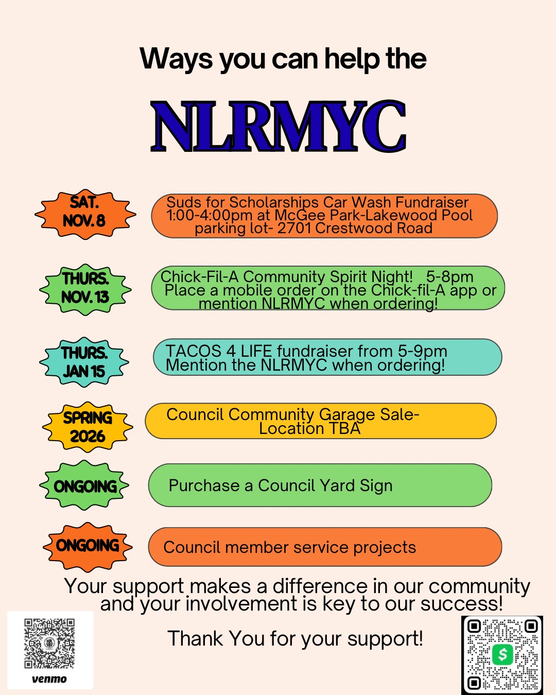 Flyer listing ways to support the North Little Rock Mayor’s Youth Council, including fundraiser dates, ongoing support options, and donation QR codes.