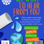 Promotional flyer for a water quality and environmental workshop featuring a water droplet illustration, topic highlights, and logos.