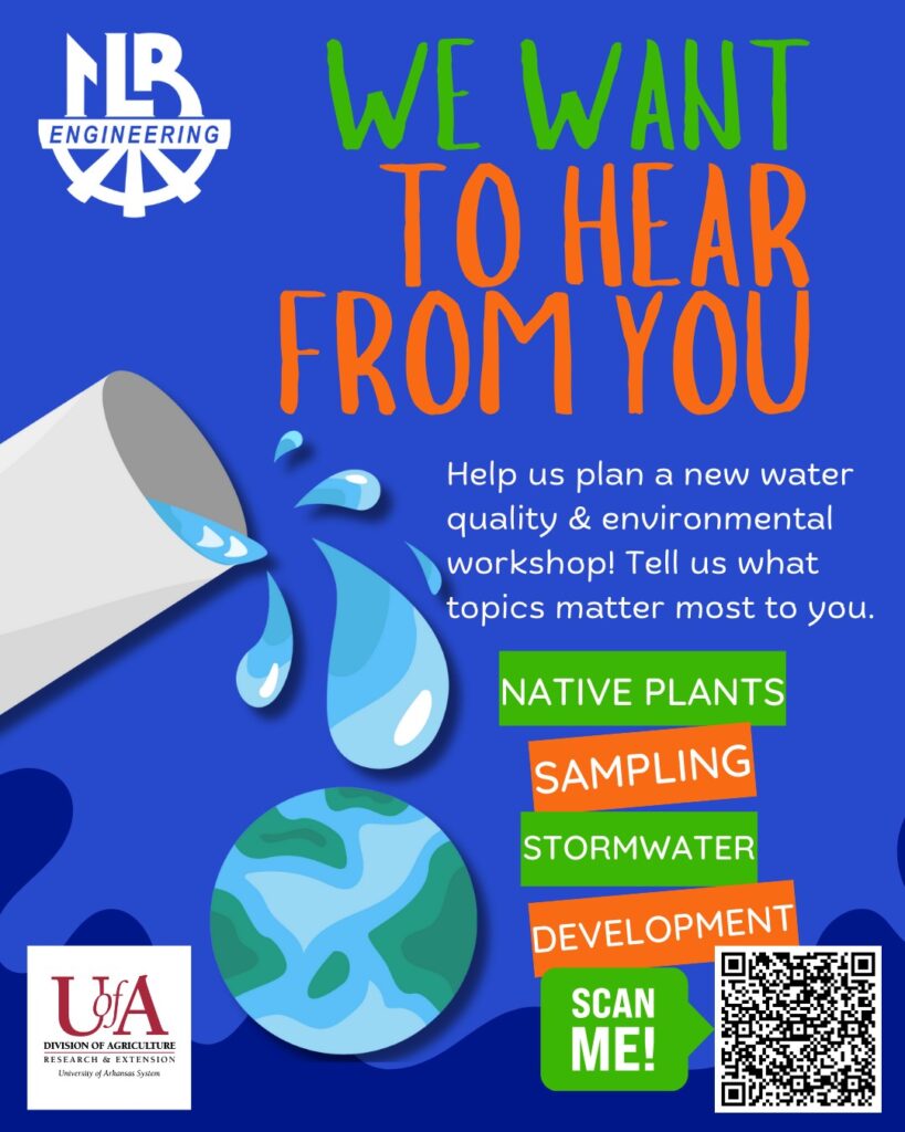 Flyer encouraging public input for planning a new water quality and environmental workshop, listing sample topic areas and featuring a QR code for feedback.
