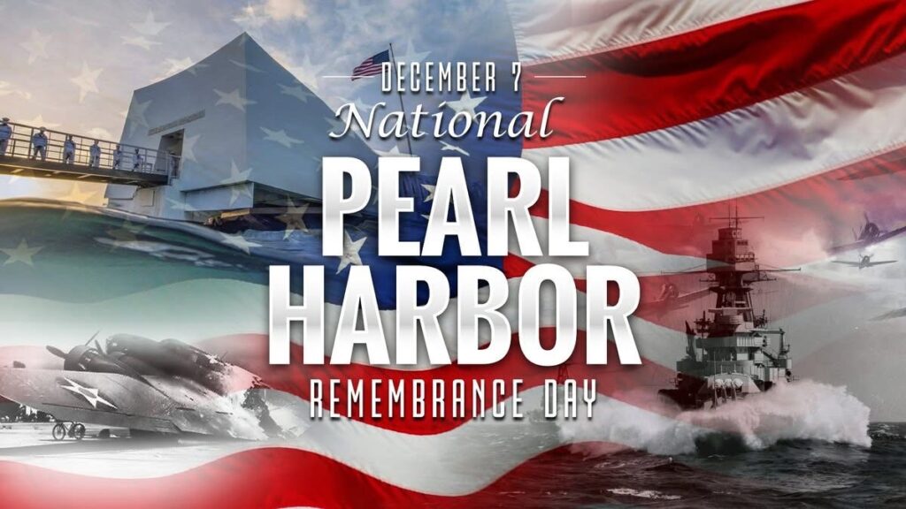 Commemorative graphic for National Pearl Harbor Remembrance Day featuring American flag, USS Arizona Memorial, WWII aircraft, and battleship