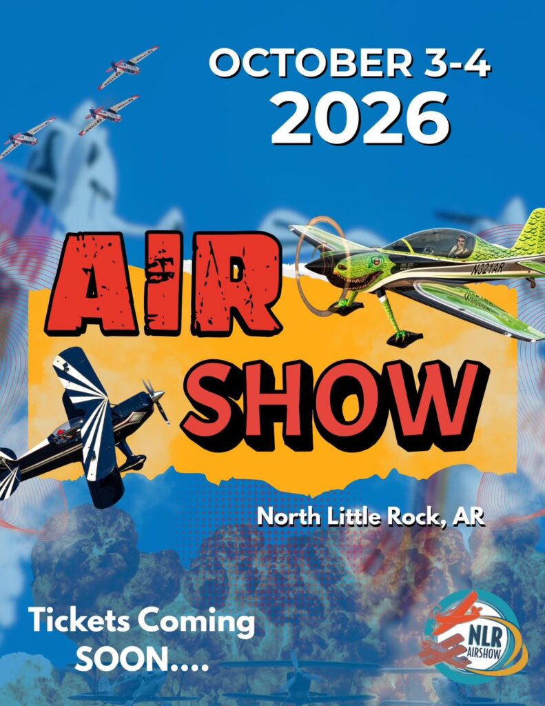 Promotional graphic for the 2026 North Little Rock Airshow, featuring stunt planes and event dates of October 3–4, 2026.