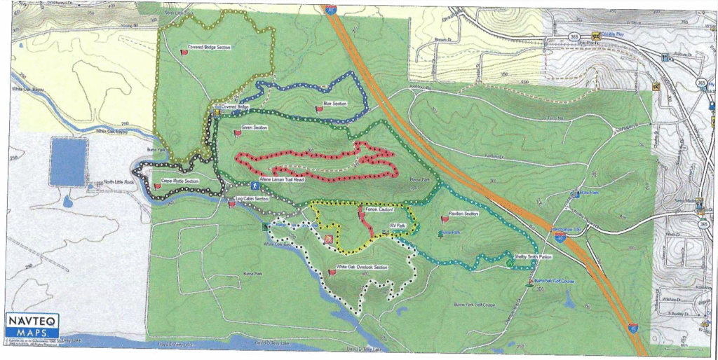 Burns Park trail map with highlighted prescribed burn sections marked in color across multiple trail segments and landmarks.