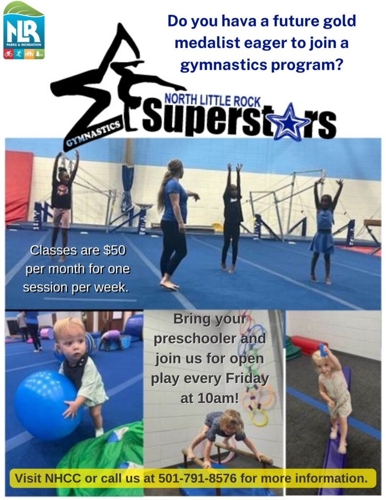 Flyer for NLR Parks & Recreation’s Superstars Gymnastics program with class pricing, open play details, and contact information.