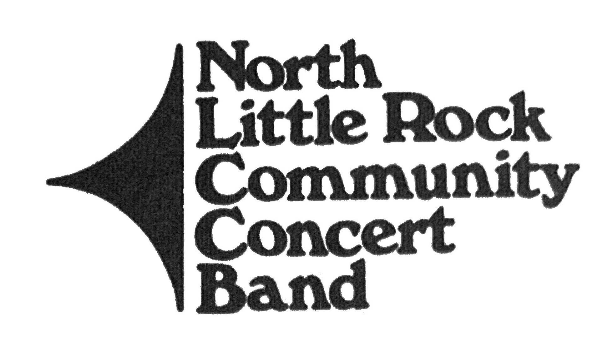 Logo for the North Little Rock Community Concert Band featuring stylized black text and a graphic of a brass instrument bell.