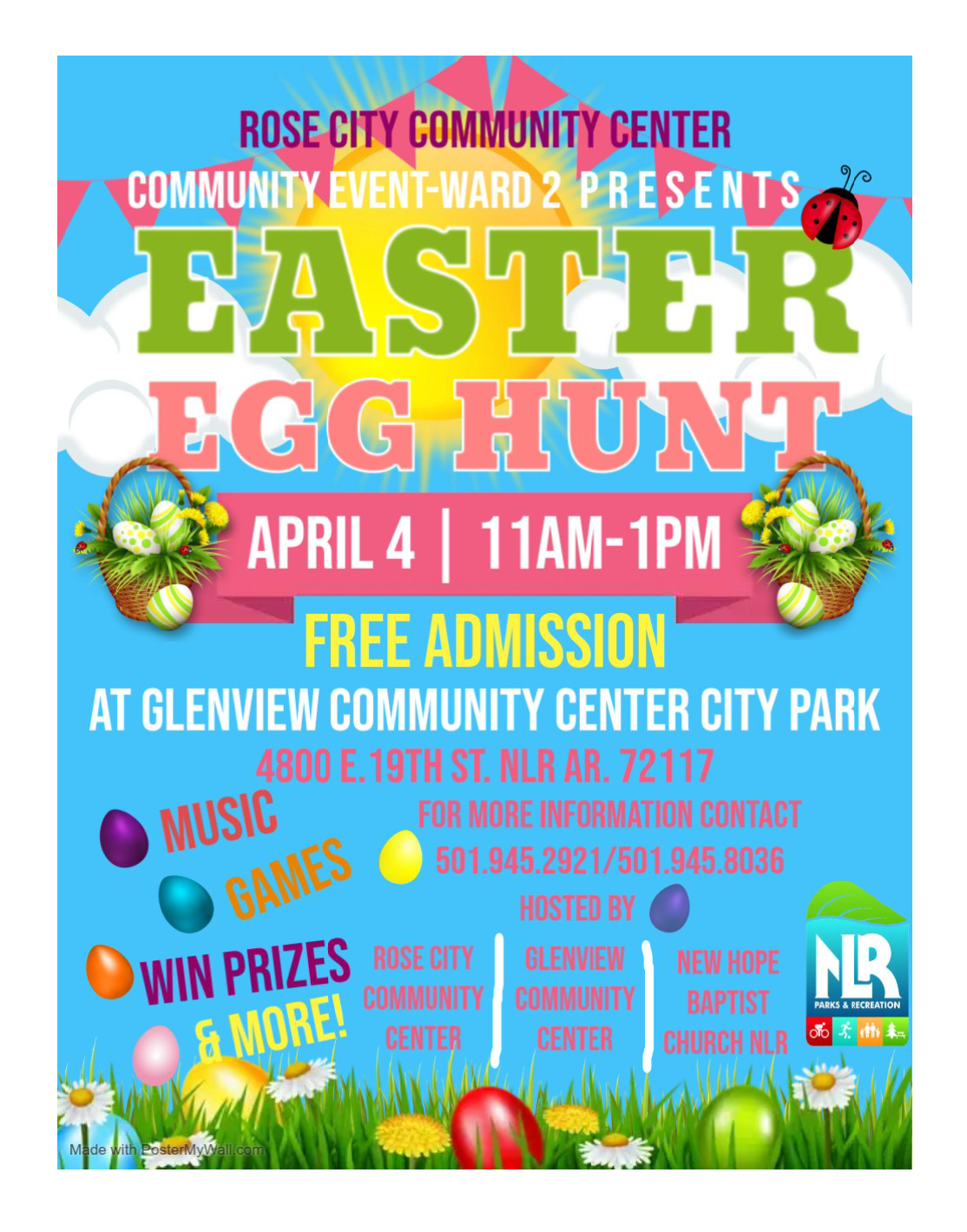 Colorful Easter Egg Hunt flyer with illustrated eggs, baskets, and spring graphics promoting a free community event at Glenview Community Center City Park.