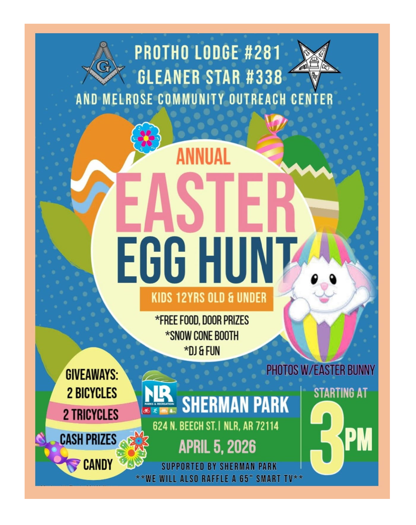 Festive Easter flyer with pastel colors, decorated eggs, and a cartoon bunny promoting an annual Easter Egg Hunt with giveaways and activities for kids 12 and under.