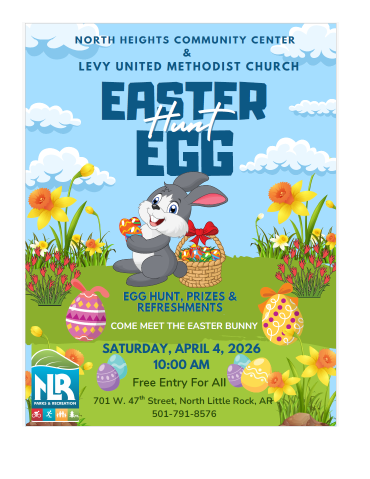 Bright Easter flyer with a cartoon bunny holding a basket of eggs, promoting a free Easter Egg Hunt with prizes and refreshments at North Heights Community Center.