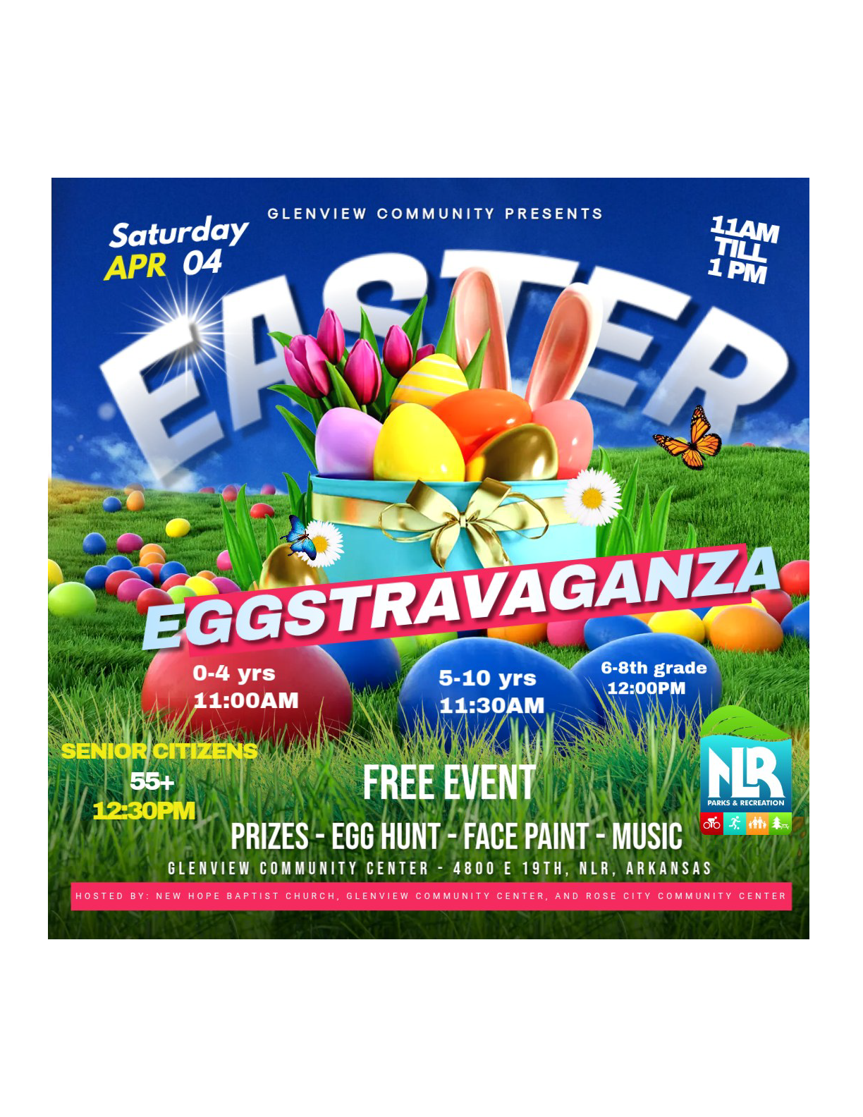 Colorful Easter “Eggstravaganza” flyer with decorated eggs, tulips, butterflies, and scheduled egg hunts for multiple age groups at Glenview Community Center.