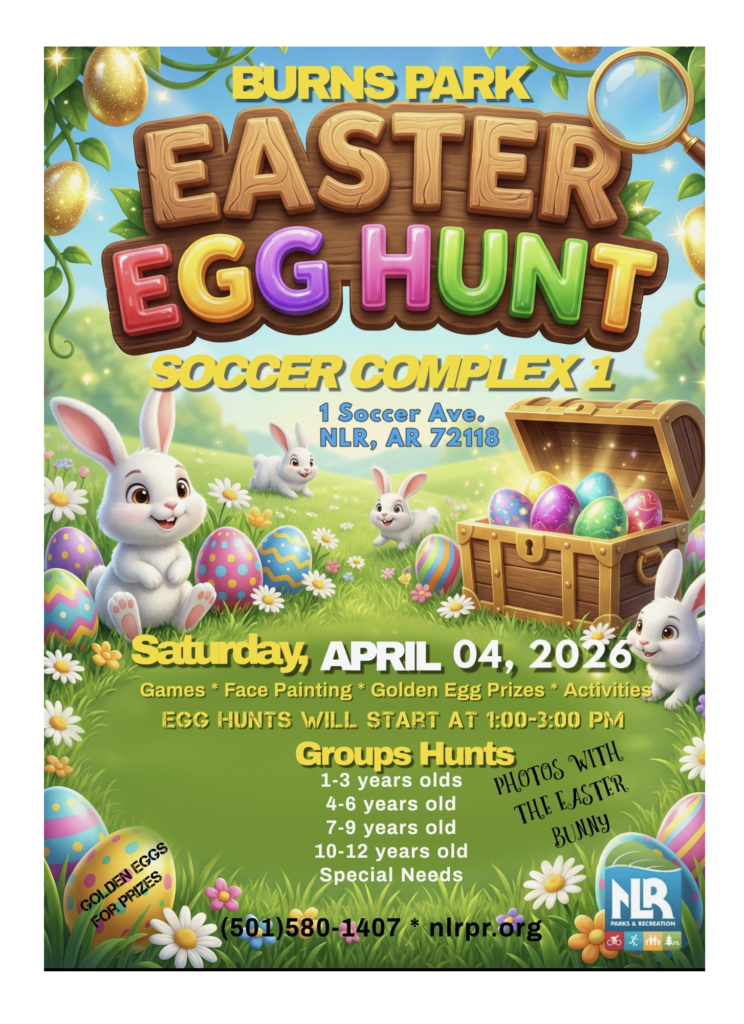 Festive Easter flyer with cartoon rabbits, decorated eggs, and event details for the Burns Park Easter Egg Hunt at Soccer Complex 1.