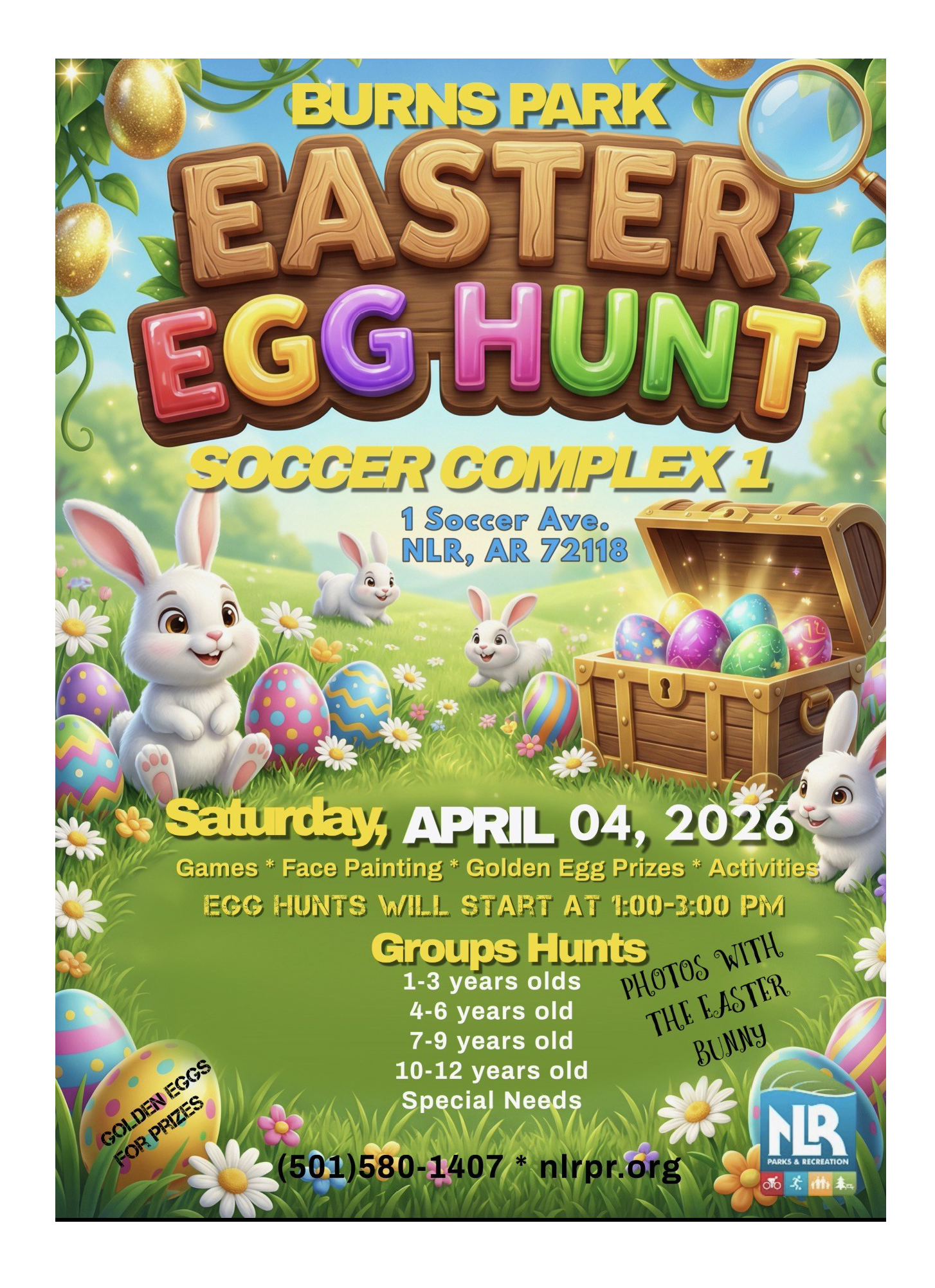 Festive Easter flyer with cartoon rabbits, decorated eggs, and event details for the Burns Park Easter Egg Hunt at Soccer Complex 1.