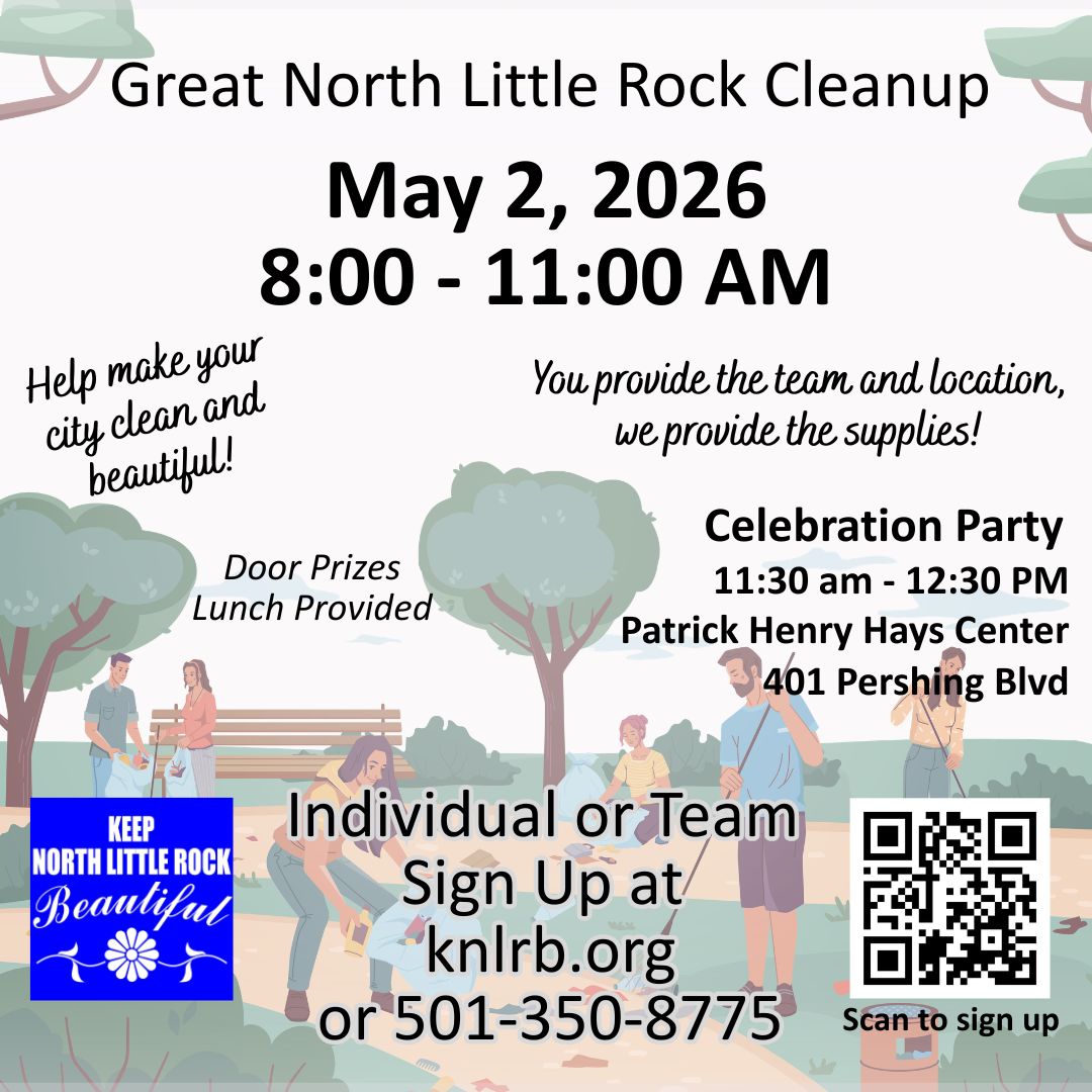 Promotional flyer for the Great North Little Rock Cleanup on May 2, 2026, showing illustrated volunteers picking up litter in a park. Includes event details, sign‑up information, and a celebration party location.