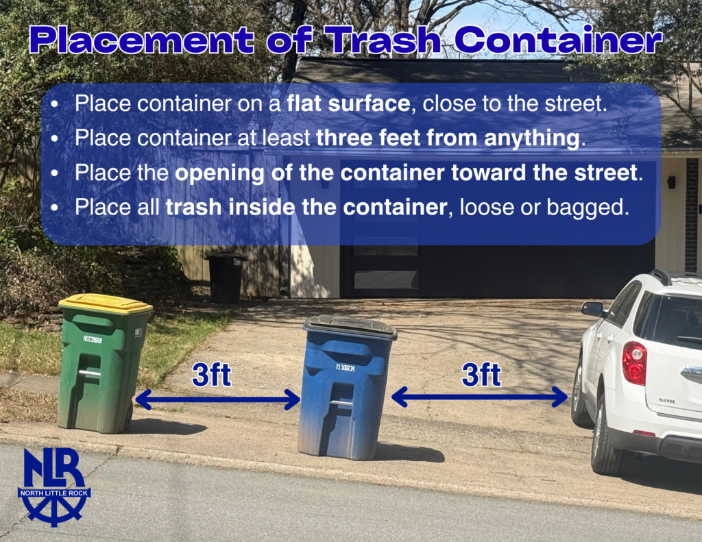 Instructional image showing two trash containers placed three feet apart and three feet from a parked vehicle, demonstrating proper curbside placement.