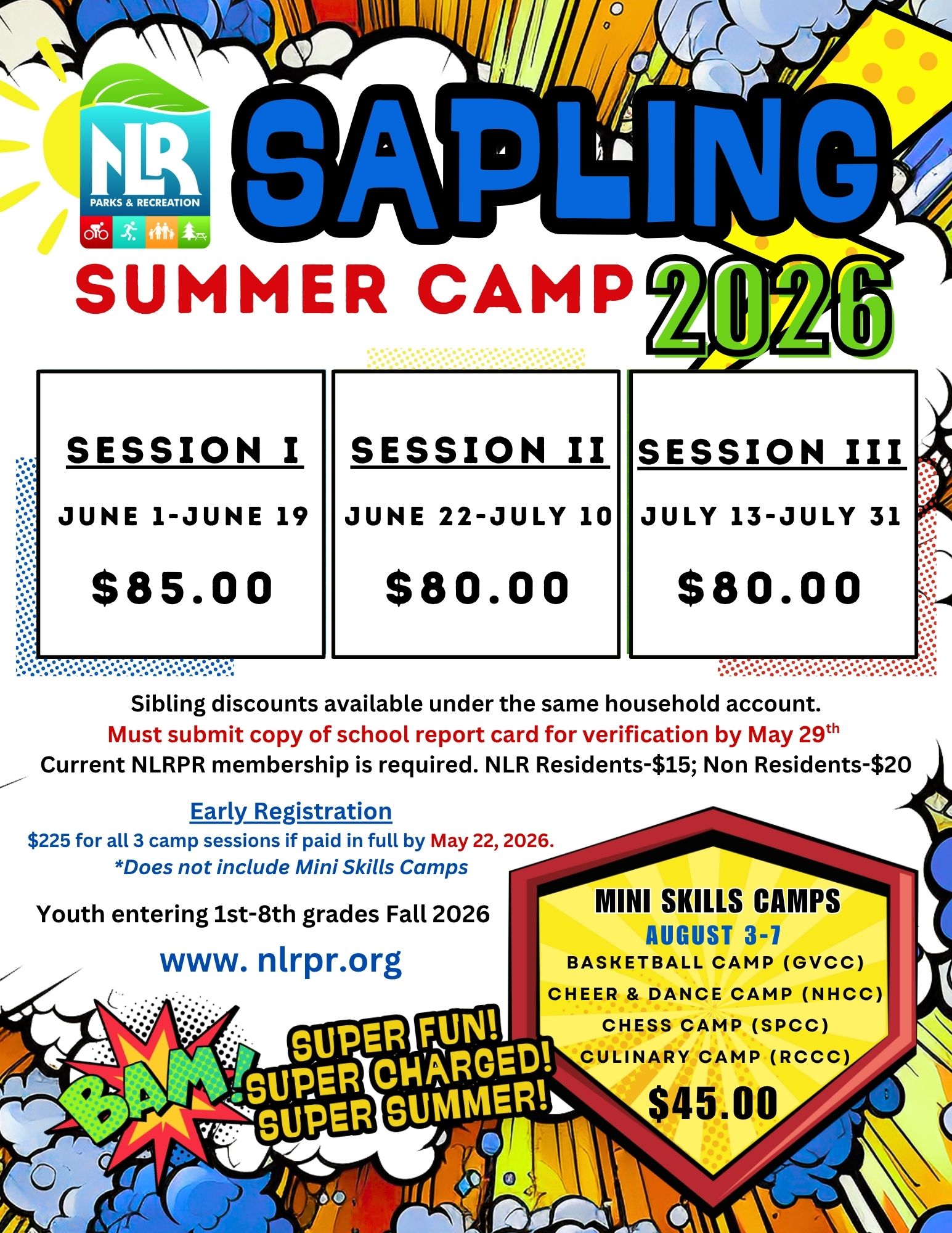 Colorful flyer for Sapling Summer Camp 2026 by NLR Parks & Recreation, listing three camp sessions, costs, registration requirements, and mini skills camps.