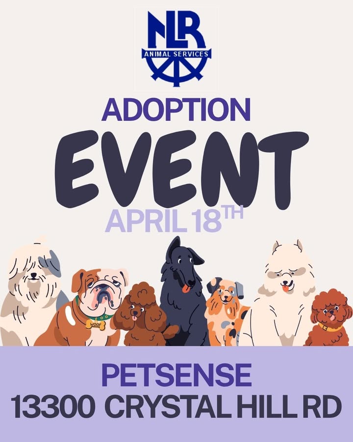 Promotional flyer for an NLR Animal Services adoption event on April 18 at Petsense, featuring illustrated dogs along the bottom.