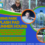 Promotional graphic for the Burns Park Splash Pad showing children playing in water features, with text listing summer hours from May 1–21 and daily hours beginning May 25.