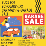 Bright yellow flyer for the North Little Rock Mayor’s Youth Council “Suds for Scholarships” car wash and garage sale on May 9 from 10 a.m. to 2 p.m. at McGee Park and the Lakewood Pool parking lot, with graphics of a car being washed and a garage sale sign.