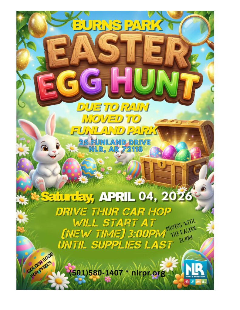 Colorful Easter event flyer announcing that the Burns Park Easter Egg Hunt has been moved to Funland Park due to rain, with new drive‑thru car‑hop hours starting at 3:00 p.m. on April 4, 2026.