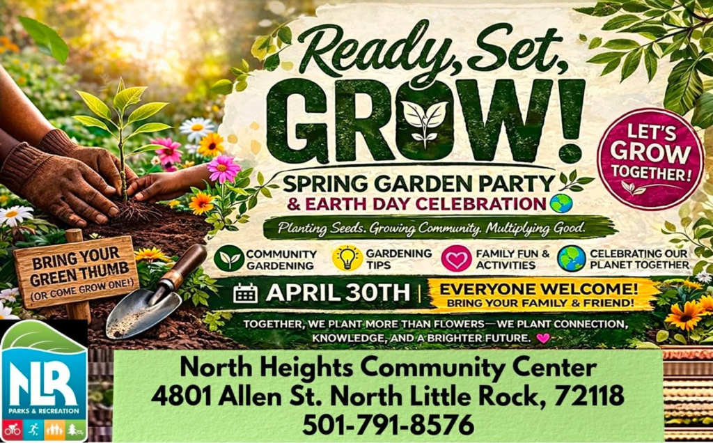Colorful flyer for the “Ready, Set, Grow! Spring Garden Party & Earth Day Celebration,” featuring flowers, gardening tools, and hands planting a small tree, with event details for April 30 at the North Heights Community Center.