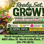 Colorful flyer for the “Ready, Set, Grow! Spring Garden Party & Earth Day Celebration,” featuring flowers, gardening tools, and hands planting a small tree, with event details for April 30 at the North Heights Community Center.