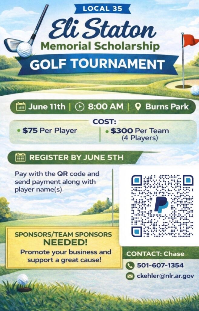 Flyer for the Eli Staton Memorial Scholarship Golf Tournament with golf‑themed graphics and event details, including date, time, location, costs, registration deadline, sponsor request, contact information, and a PayPal QR code.