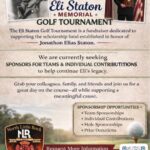 Flyer for the Local 35 NLRFD Eli Staton Memorial Golf Tournament featuring two photos of Eli Staton, event purpose, sponsorship opportunities, contact information, and a PayPal QR code for donations.