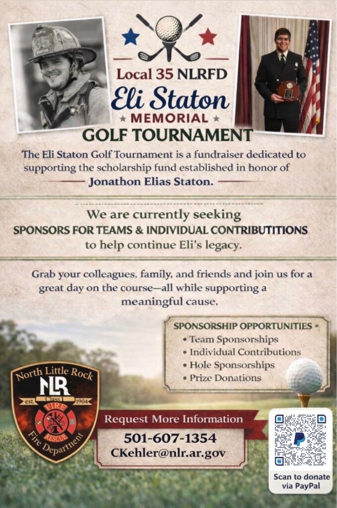 Flyer for the Local 35 NLRFD Eli Staton Memorial Golf Tournament featuring two photos of Eli Staton, event purpose, sponsorship opportunities, contact information, and a PayPal QR code for donations.