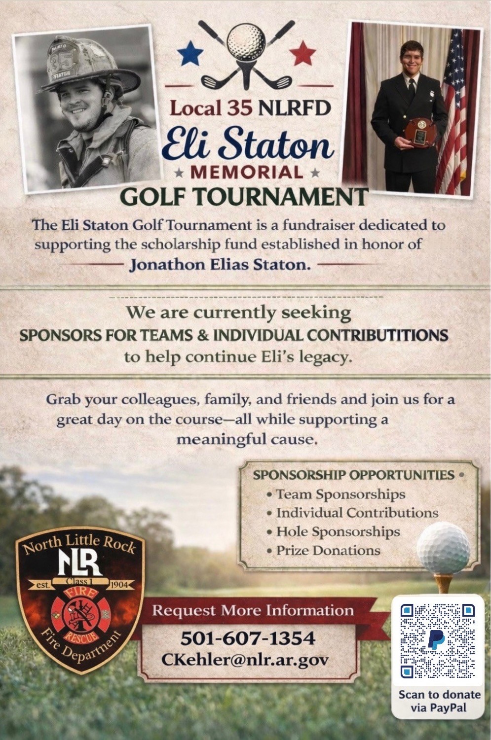 Flyer for the Local 35 NLRFD Eli Staton Memorial Golf Tournament featuring two photos of Eli Staton, event purpose, sponsorship opportunities, contact information, and a PayPal QR code for donations.