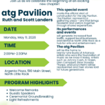 Invitation flyer for the Ruth and Scott Landers’ atg Pavilion groundbreaking ceremony on May 11, 2026, at Argenta Plaza in North Little Rock, featuring event details and program highlights.