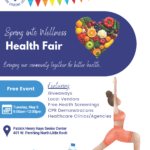 Flyer for the Patrick Henry Hays Senior Center’s “Spring into Wellness Health Fair,” featuring colorful bunting, a heart made of fruits and vegetables, and a person in a yoga pose. Includes event details for a free health fair on Tuesday, May 5, from 9 a.m. to noon in North Little Rock.