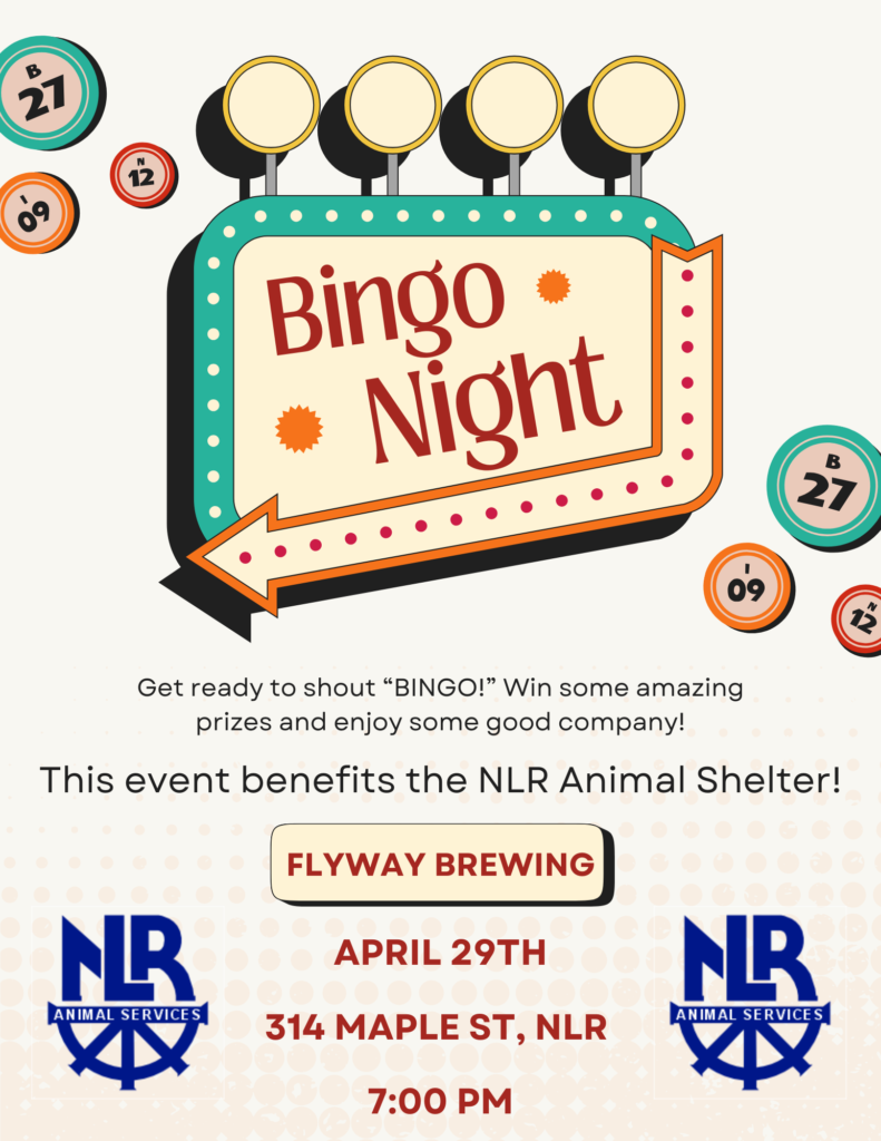 Promotional flyer for a Bingo Night fundraiser benefiting the NLR Animal Shelter, held April 29 at Flyway Brewing in North Little Rock.