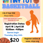 Colorful flyer for NLR Parks & Recreation’s Tiny Tot Basketball program for 3‑ and 4‑year‑olds, with registration dates on April 18 and April 25 and games beginning May 14 at Glenview Community Center.