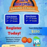 Colorful flyer for the NLR Parks and Recreation Youth Basketball Spring League, showing program divisions for boys and girls, registration details, fees, and contact information, with a basketball‑themed orange and blue design.