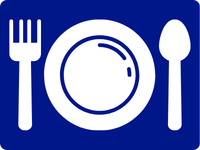 White graphic of a plate centered between a fork and spoon on a dark blue background.