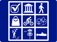 Grid of nine white icons on a dark blue background representing various recreational and cultural activities: a check mark, a classical building, a walking figure, a shopping bag, a cyclist, seashells, a golfer, a disc golf basket, and a submarine.