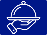 White line drawing of a hand holding a serving tray with a domed cover on a dark blue background.