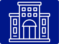 White outline of a symmetrical building with windows and an arched doorway on a dark blue background.