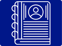 White line drawing of an open notebook with a profile image and text lines on a dark blue background.