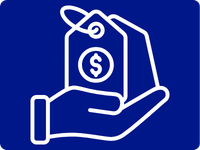 White outline of a hand holding a price tag with a dollar sign on a dark blue background.