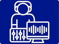 White line drawing of a person wearing headphones, standing behind a mixing console and next to a computer monitor displaying sound waves on a dark blue background.