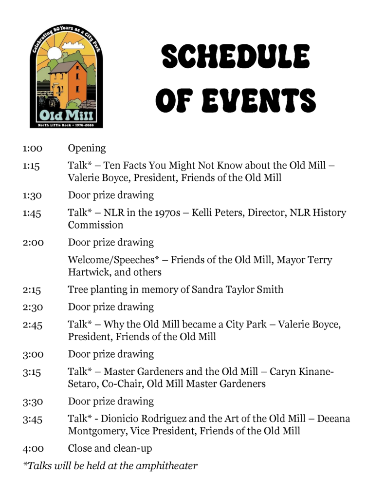 Flyer showing the Old Mill’s 50th Anniversary Celebration schedule of events for May 1976–2026, with an illustrated Old Mill logo on the left and a detailed timeline of talks, drawings, and activities on the right.