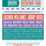 Colorful promotional poster for the Arkansas Folklife Festival, taking place June 26–28, 2026, at Riverfront Park in North Little Rock. The design features geometric patterns in teal, purple, orange, and white with bold text announcing free admission and performances by Lucinda Williams, Bobby Rush, Arkansas Movement Music Parade Singers, Nick Shoulders, Willi Carlisle, Dylan Earl, and many other artists. The tagline reads “Of Arkansas. By Arkansas. For Arkansas.” and includes the website arkansasfolklifefestival.org for more information.