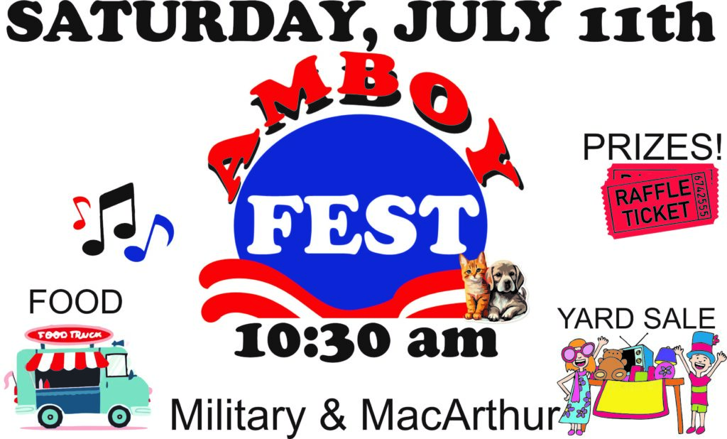Colorful flyer announcing Amboy Fest on Saturday, July 11th at 10:30 a.m. The central logo features a blue circle with red wave accents and white text reading “FEST,” with “AMBOY” in red letters above. Surrounding graphics include a food truck labeled “FOOD,” musical notes, raffle tickets beside the word “PRIZES!,” cartoon people at a “YARD SALE” table, and small images of a cat and dog. The location “Military & MacArthur” appears at the bottom.