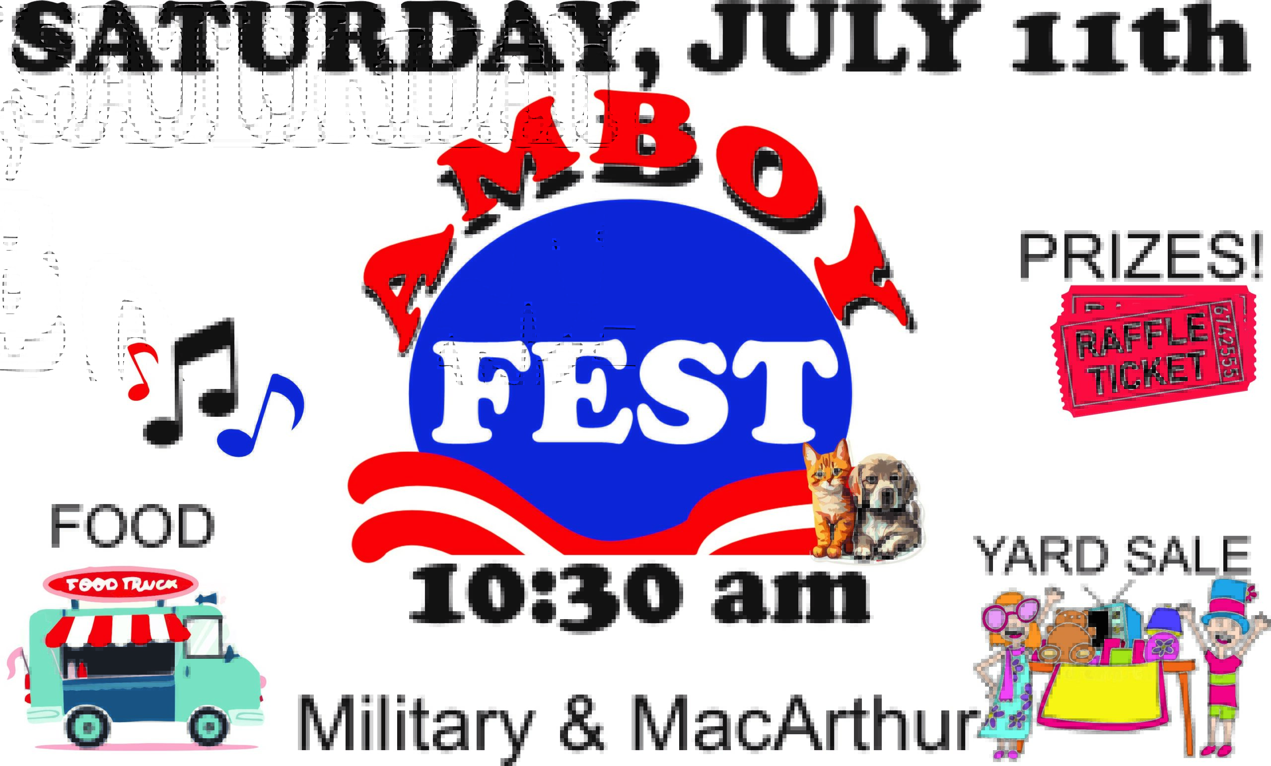 Colorful flyer announcing Amboy Fest on Saturday, July 11th at 10:30 a.m. The central logo features a blue circle with red wave accents and white text reading “FEST,” with “AMBOY” in red letters above. Surrounding graphics include a food truck labeled “FOOD,” musical notes, raffle tickets beside the word “PRIZES!,” cartoon people at a “YARD SALE” table, and small images of a cat and dog. The location “Military & MacArthur” appears at the bottom.
