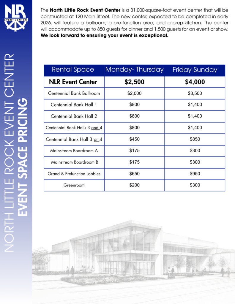 Informational flyer for the North Little Rock Event Center detailing rental space pricing and venue features. The design includes a blue vertical sidebar reading “North Little Rock Event Center Event Space Pricing” with the NLR logo at the top. The main section describes the new 31,000-square-foot facility at 120 Main Street, expected to open in early 2026, featuring a ballroom, pre-function area, and prep kitchen. A table lists rental rates for various spaces Monday–Thursday and Friday–Sunday, ranging from $175 to $4,000. A grayscale architectural sketch of the modern event center appears at the bottom.