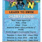 Underwater photo of three smiling children holding large foam letters spelling “FUN.” The flyer promotes North Little Rock Parks & Recreation’s Learn to Swim children’s lessons. Text details include: $35 per child ages 4–10, sessions 9–10 a.m. or 10–11 a.m., four days a week for two weeks at North Heights Community Center. Session dates: June 9–19, June 23–July 3, and July 14–23. Contact number: 501‑791‑8576. The flyer also notes American Red Cross Certified Lifeguards.