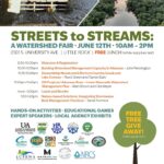 Flyer for “Streets to Streams: A Watershed Fair” scheduled for June 12 from 10 a.m. to 2 p.m. at 2301 S. University Avenue in Little Rock. The flyer features two images — a storm drain with water flowing into it and an aerial view of a river surrounded by green landscape — symbolizing the connection between urban runoff and natural waterways. Event details include free lunch and a free tree giveaway while supplies last.