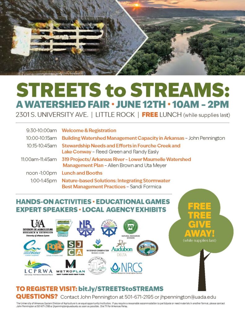 Flyer for “Streets to Streams: A Watershed Fair” scheduled for June 12 from 10 a.m. to 2 p.m. at 2301 S. University Avenue in Little Rock. The flyer features two images — a storm drain with water flowing into it and an aerial view of a river surrounded by green landscape — symbolizing the connection between urban runoff and natural waterways. Event details include free lunch and a free tree giveaway while supplies last.
