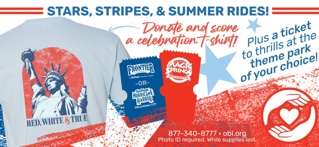 A promotional summer donation poster featuring a patriotic T‑shirt with a stylized Statue of Liberty design, theme‑park ticket options, and text encouraging donations for a free shirt and park admission.