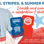 A promotional summer donation poster featuring a patriotic T‑shirt with a stylized Statue of Liberty design, theme‑park ticket options, and text encouraging donations for a free shirt and park admission.